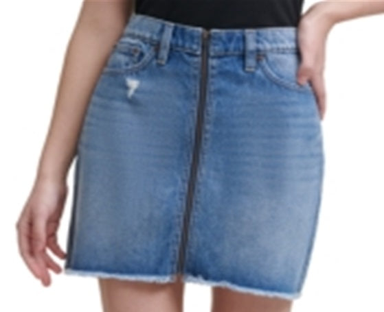 Saia jeans feminina Calvin Klein com zíper frontal e cintura alta, azul, tamanho 25
