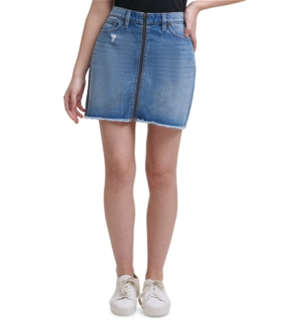 Saia jeans feminina Calvin Klein com zíper frontal e cintura alta, azul, tamanho 25