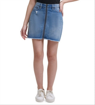 Saia jeans feminina Calvin Klein com zíper frontal e cintura alta, azul, tamanho 25