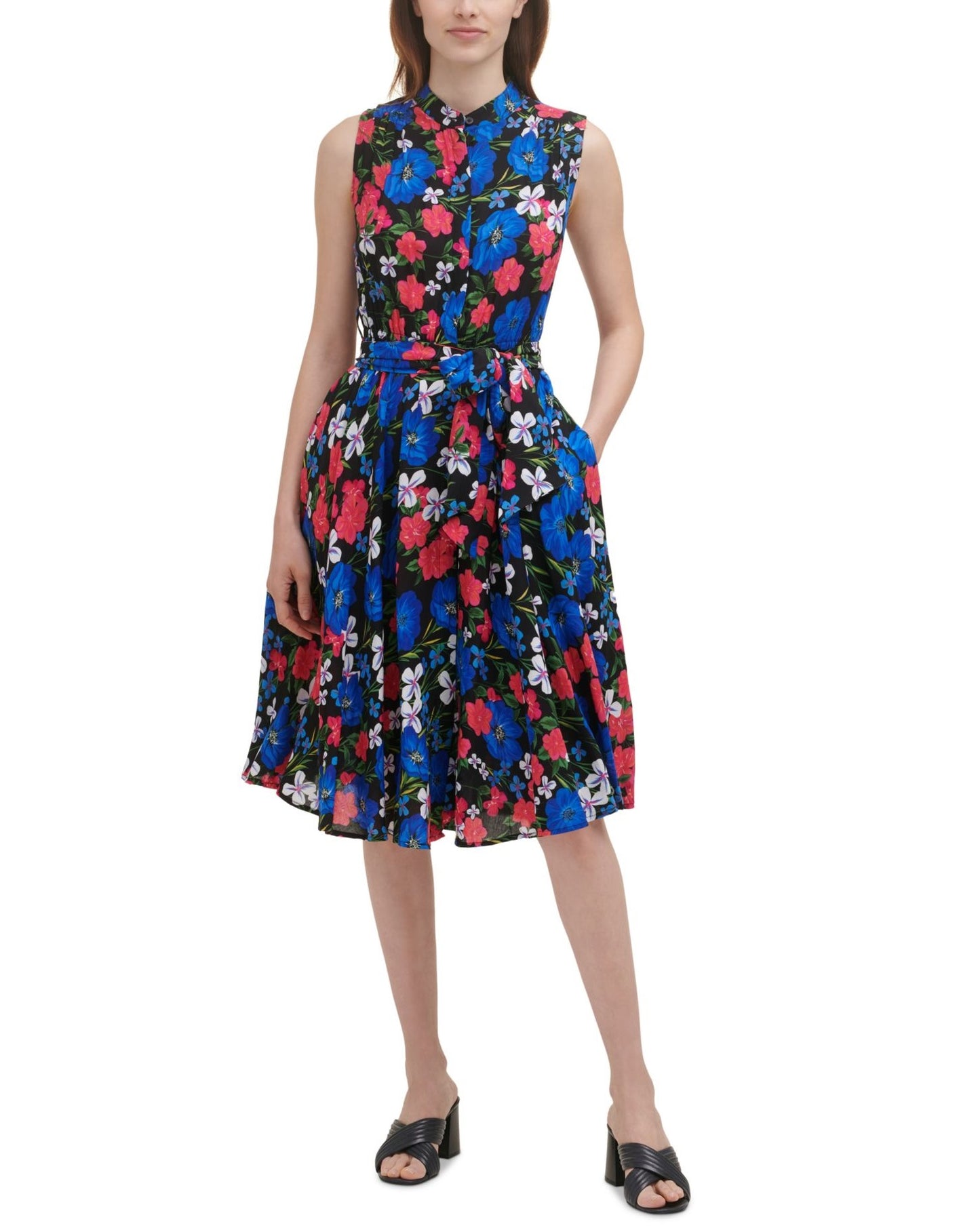 Calvin Klein Women's Tie Pocketed Floral Sleeveless Collared Knee Length Party Fit Flare Dress Blue Size 16