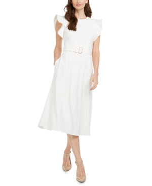 Vestido midi Calvin Klein feminino com babados e ombros de fora, cor creme, tamanho 6