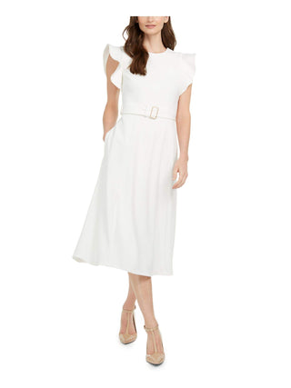 Vestido midi Calvin Klein feminino com babados e ombros de fora, cor creme, tamanho 6