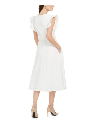 Vestido midi Calvin Klein feminino com babados e ombros de fora, cor creme, tamanho 6