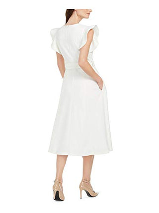 Vestido midi Calvin Klein feminino com babados e ombros de fora, cor creme, tamanho 6