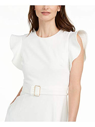 Vestido midi Calvin Klein feminino com babados e ombros de fora, cor creme, tamanho 6