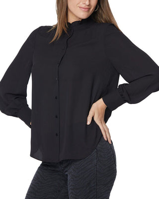Blusa feminina NYDJ com babados e decote, preta, tamanho extrapequeno