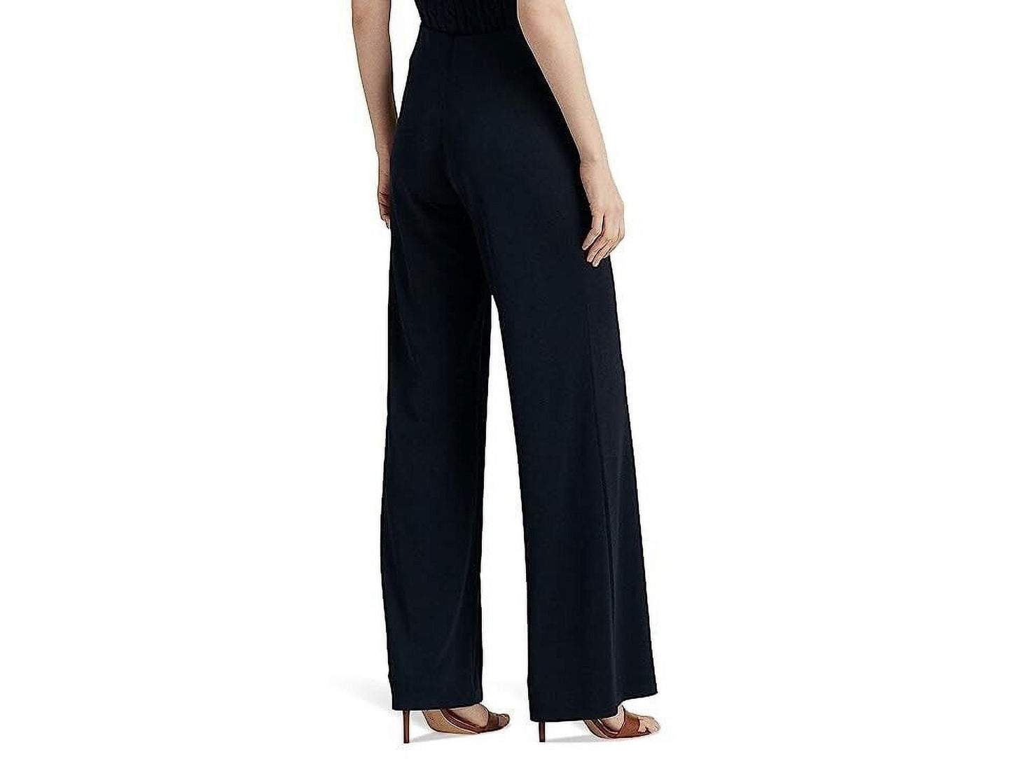 Calça feminina Ralph Lauren com detalhe de botão transparente e cintura elástica, perna larga, azul, tamanho grande