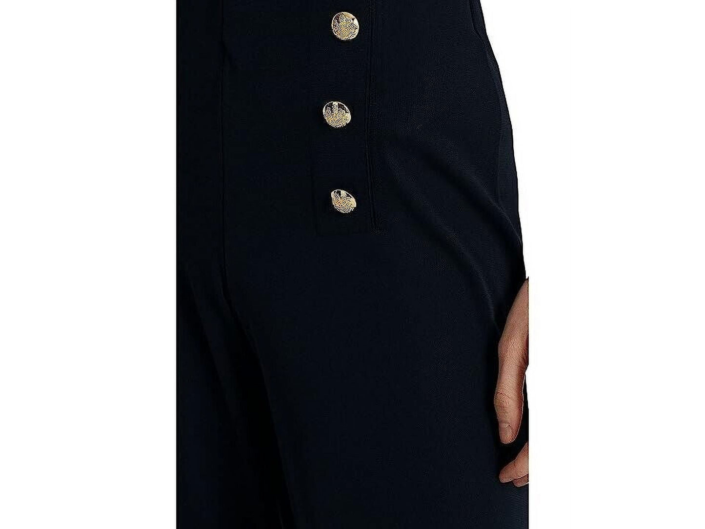 Calça feminina Ralph Lauren com detalhe de botão transparente e cintura elástica, perna larga, azul, tamanho grande