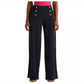 Calça feminina Ralph Lauren com detalhe de botão transparente e cintura elástica, perna larga, azul, tamanho grande