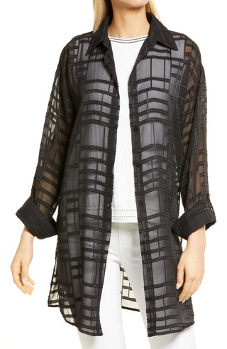 Blusa túnica preta transparente Ming Wang, textura geométrica, tamanho grande
