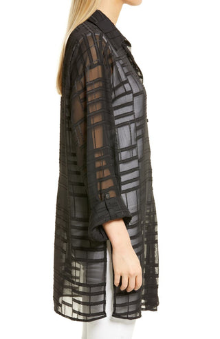 Blusa túnica preta transparente Ming Wang, textura geométrica, tamanho grande