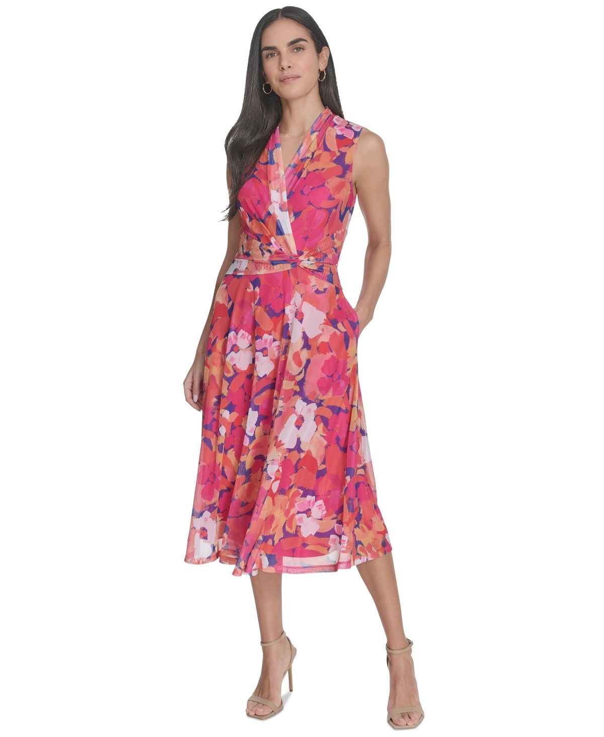 Jessica Howard Womens Floral Surplice Neck Midi Dress Pink Multi
