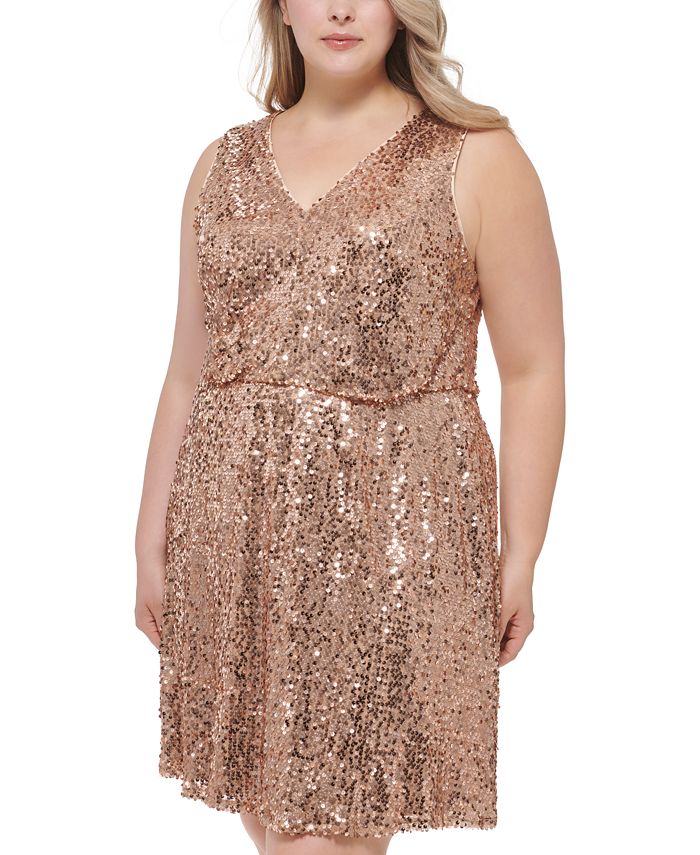Vestido feminino Vince Camuto com lantejoulas, sem mangas, decote em V, marrom, tamanho 22W