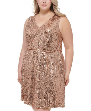 Vestido feminino Vince Camuto com lantejoulas, sem mangas, decote em V, marrom, tamanho 22W