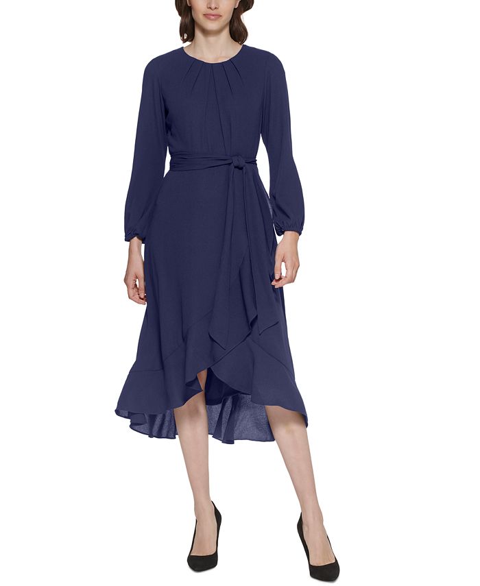 Vestido feminino Jessica Howard com babados, comprimento alto e baixo, azul, tamanho 8, pequeno