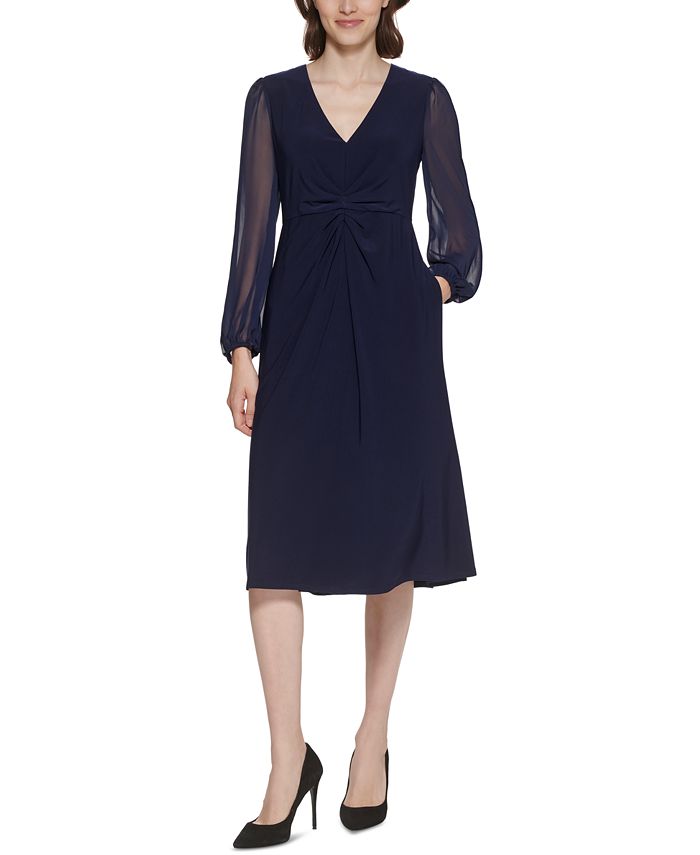 Vestido midi franzido com mangas de chiffon Jessica Howard feminino, azul, tamanho 8, pequeno