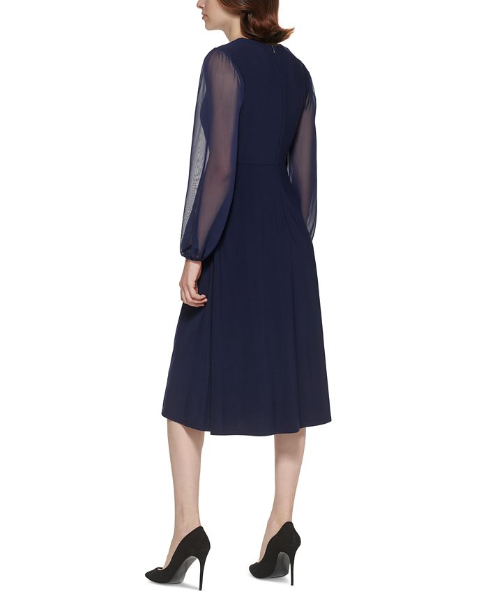 Vestido midi franzido com mangas de chiffon Jessica Howard feminino, azul, tamanho 8, pequeno