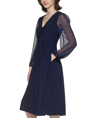 Vestido midi franzido com mangas de chiffon Jessica Howard feminino, azul, tamanho 8, pequeno