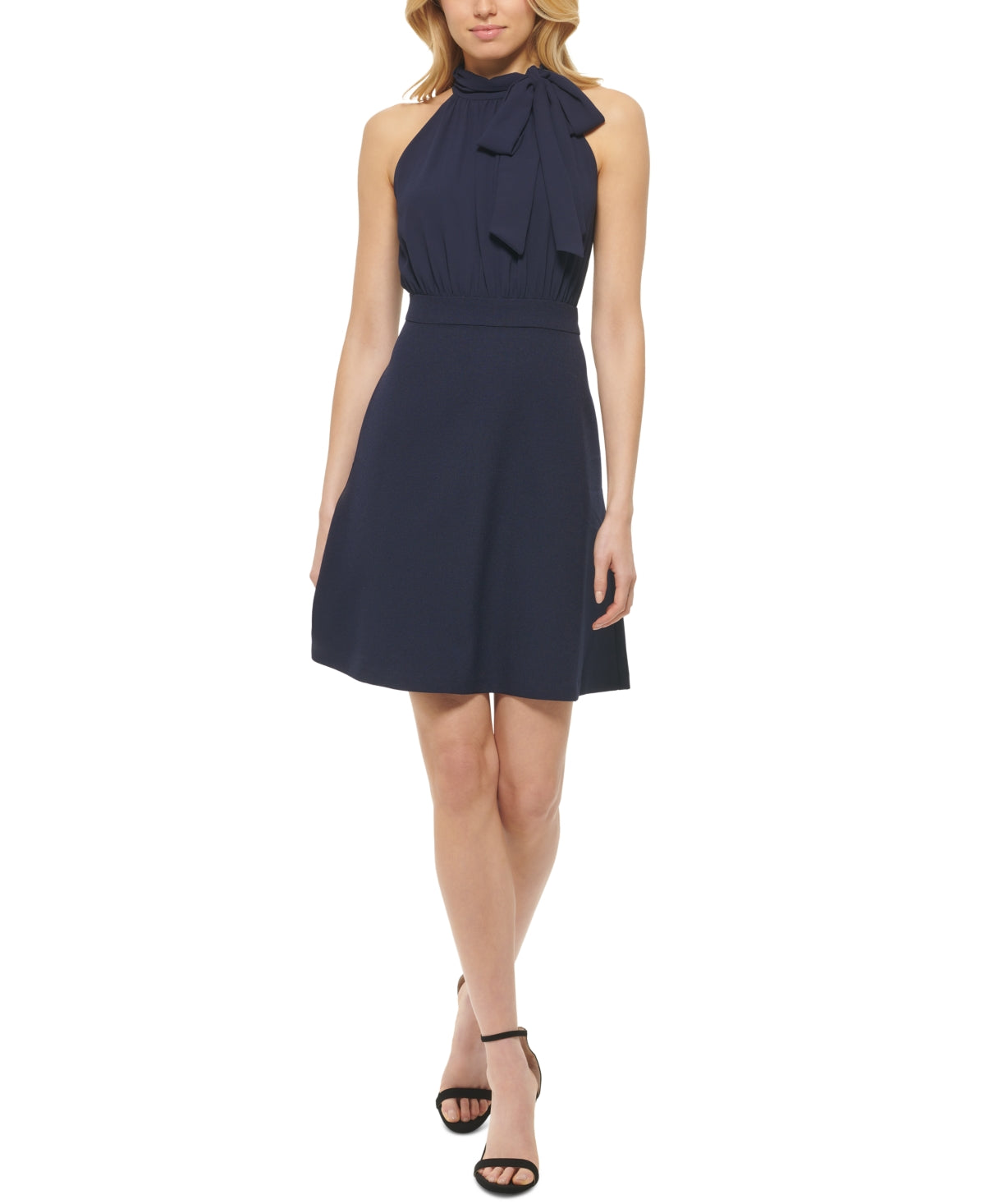 Vestido feminino Vince Camuto com decote em A evasê, azul, tamanho 14