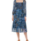 Vestido midi smocked com estampa floral Vince Camuto feminino, azul, tamanho 14