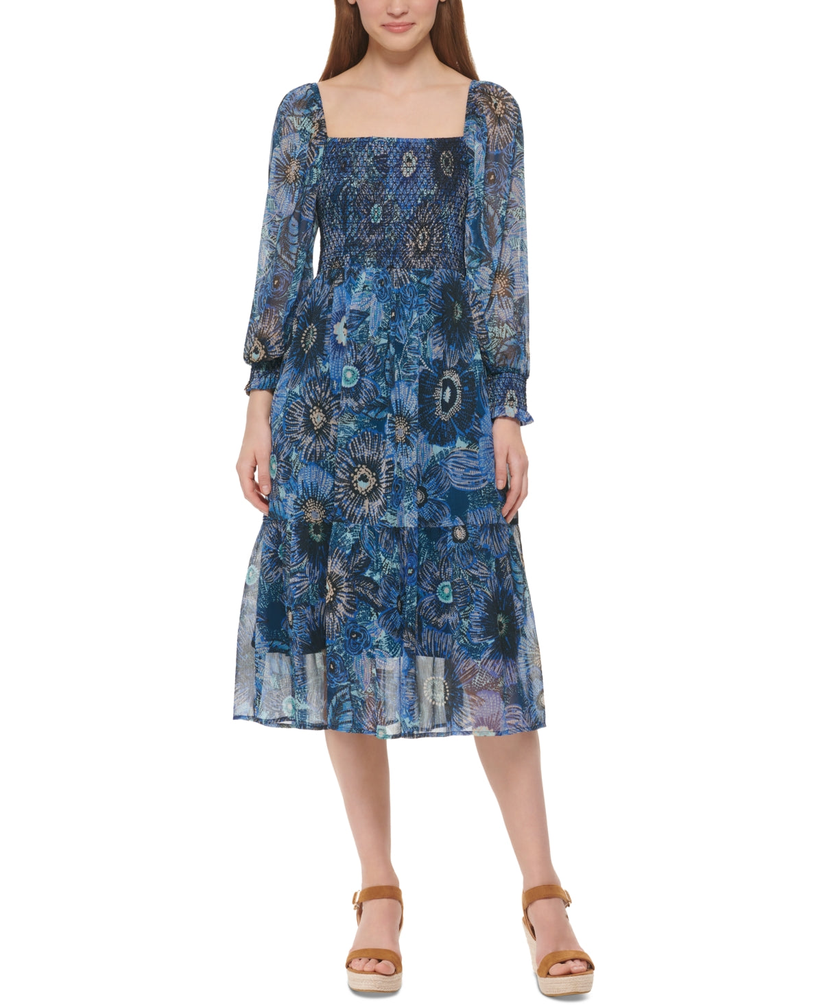 Vestido midi smocked com estampa floral Vince Camuto feminino, azul, tamanho 14