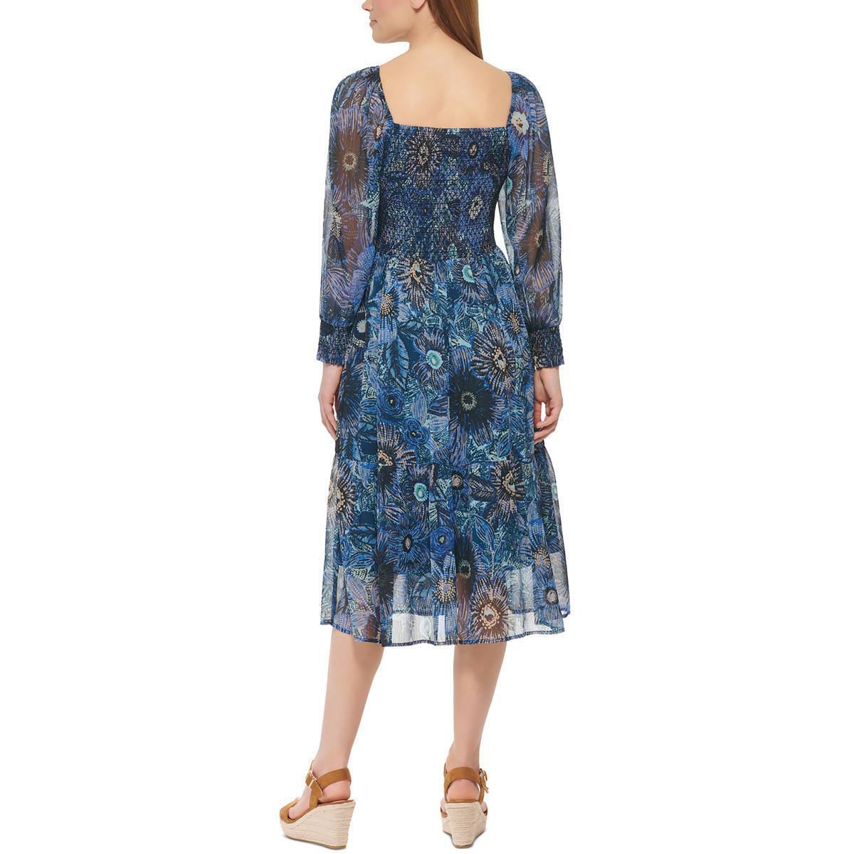 Vestido midi smocked com estampa floral Vince Camuto feminino, azul, tamanho 14