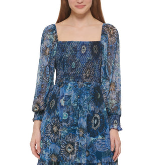 Vestido midi smocked com estampa floral Vince Camuto feminino, azul, tamanho 14