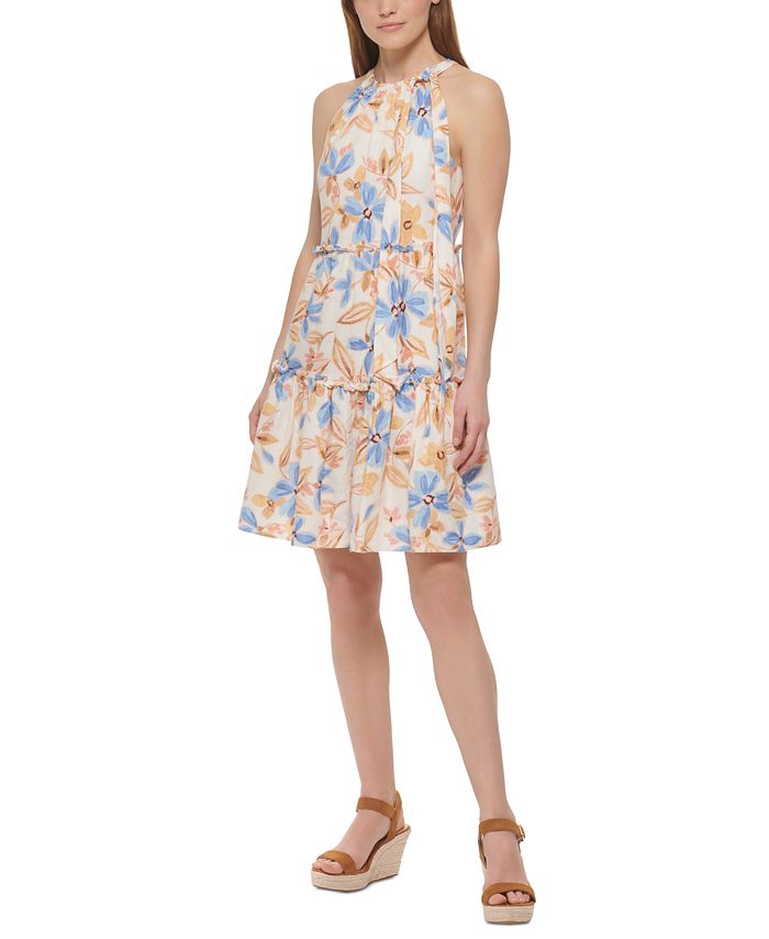 Vestido feminino Vince Camuto com estampa floral e camadas, azul, tamanho 12