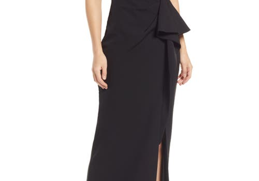 Vestido preto Vince Camuto com babados e um ombro só, tamanho 8