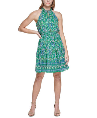 Vestido feminino Vince Camuto estampado sem mangas, ajuste evasê, verde, tamanho 12