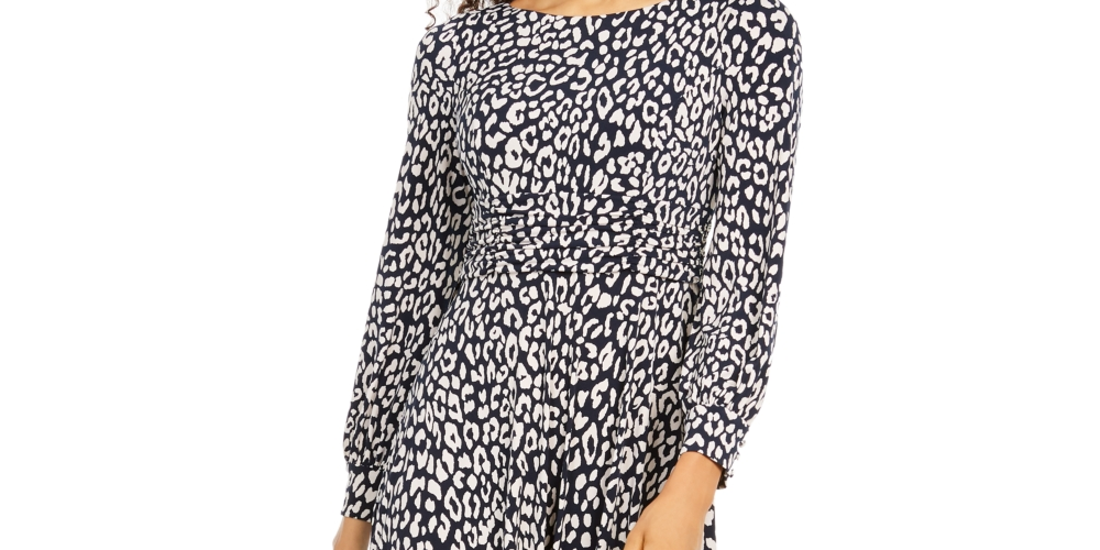 Vestido feminino Jessica Howard com estampa animal evasê, azul, tamanho 8, pequeno