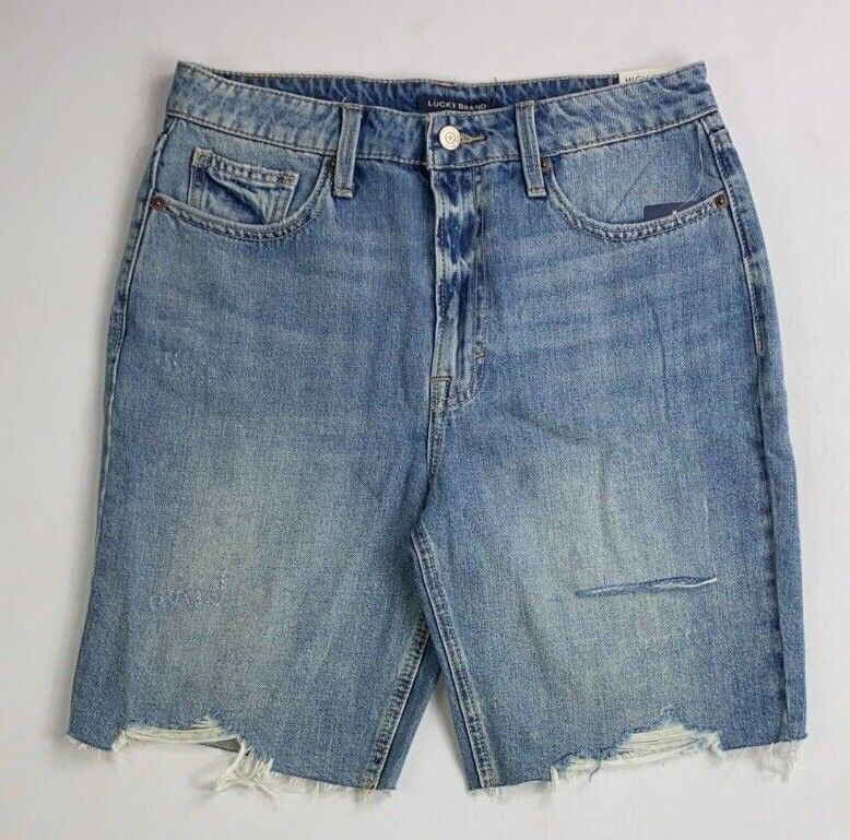 Bermuda jeans feminina Lucky Brand com bainha destruída e corte reto, azul, tamanho 27