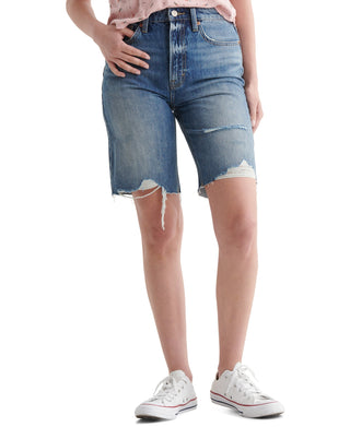 Bermuda jeans feminina Lucky Brand com bainha destruída e corte reto, azul, tamanho 27