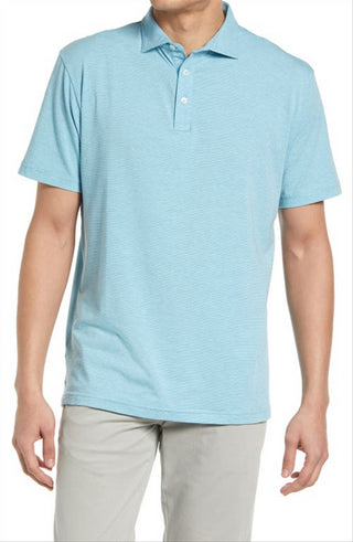 Camisa polo masculina Peter Millar Crest Isle Stripe de manga curta em azul-ilha, tamanho pequeno