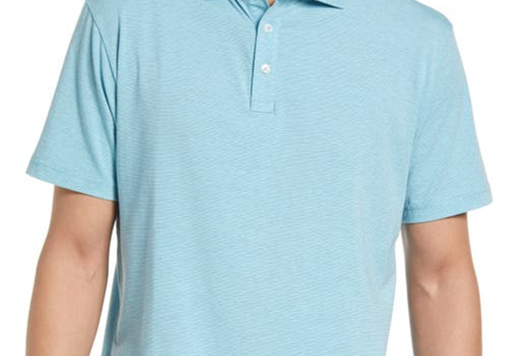 Camisa polo masculina Peter Millar Crest Isle Stripe de manga curta em azul-ilha, tamanho pequeno