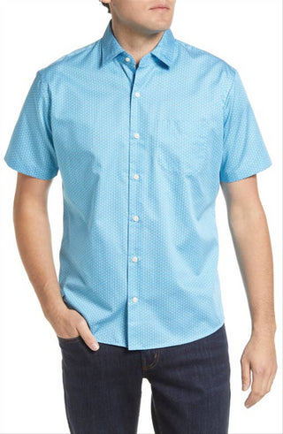 Camisa de algodão com estampa de manga curta e botões Peter Millar Marshall em azul opala, tamanho médio