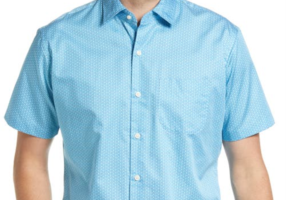 Camisa de algodão com estampa de manga curta e botões Peter Millar Marshall em azul opala, tamanho médio