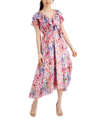 Vestido evasê de chiffon com estampa floral e babados Taylor feminino, rosa, tamanho 4