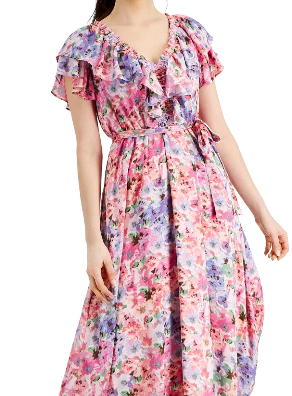 Vestido evasê de chiffon com estampa floral e babados Taylor feminino, rosa, tamanho 4