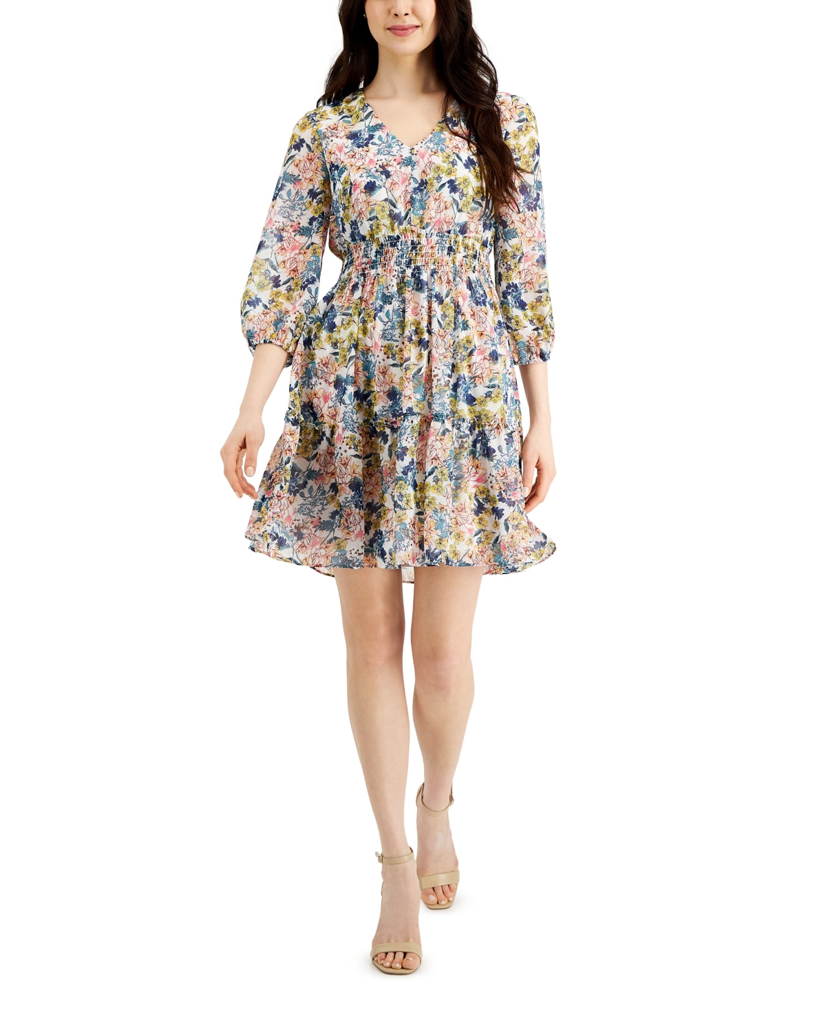 Vestido evasê de chiffon com estampa floral e babados Taylor feminino, tamanho 6, branco