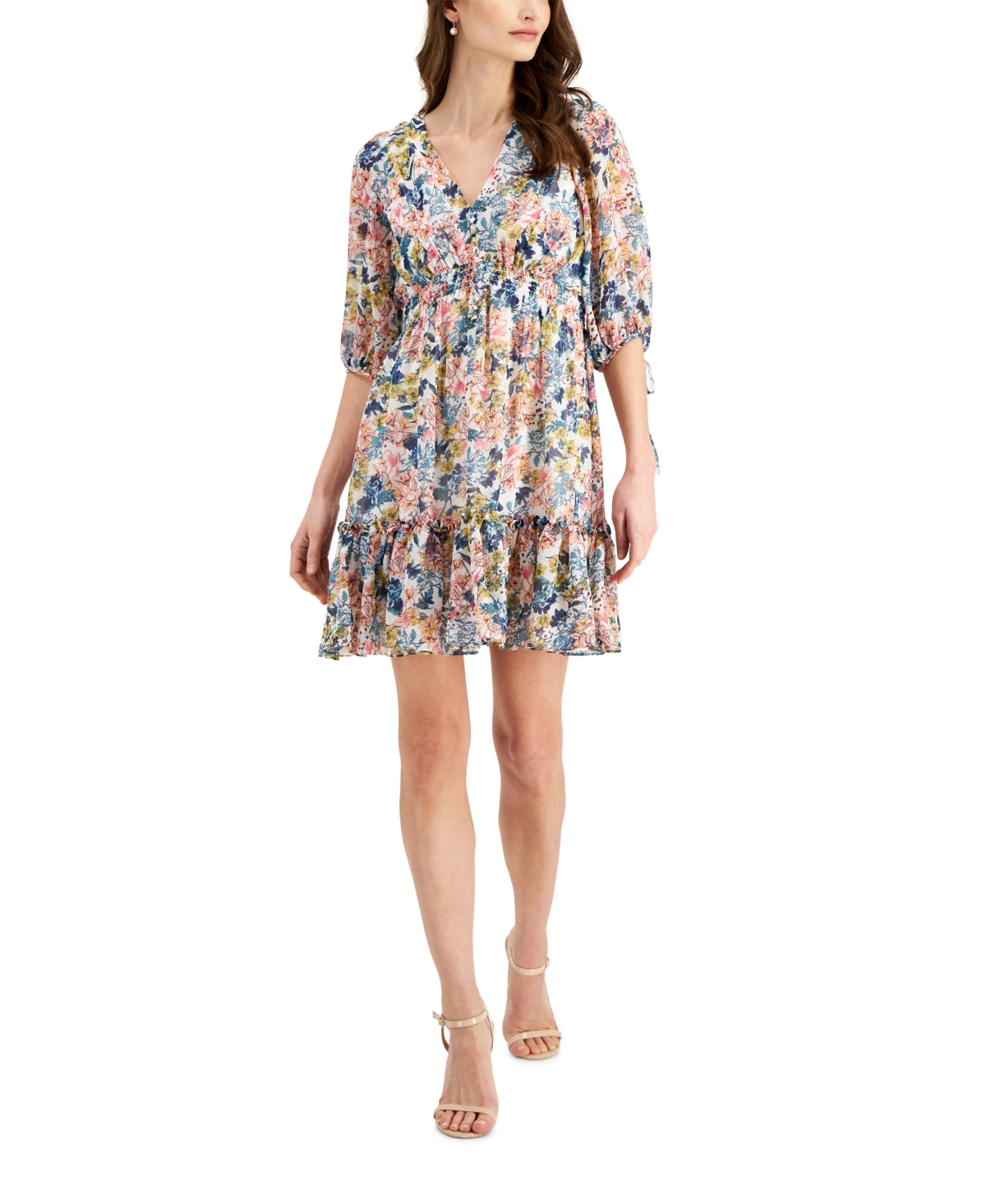 Vestido feminino Taylor com estampa floral e cintura franzida, corte A, branco, tamanho 6, pequeno