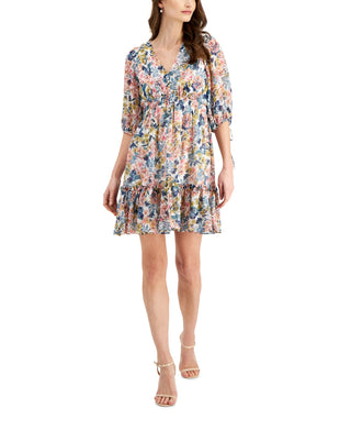 Vestido feminino Taylor com estampa floral e cintura franzida, corte A, branco, tamanho 6, pequeno