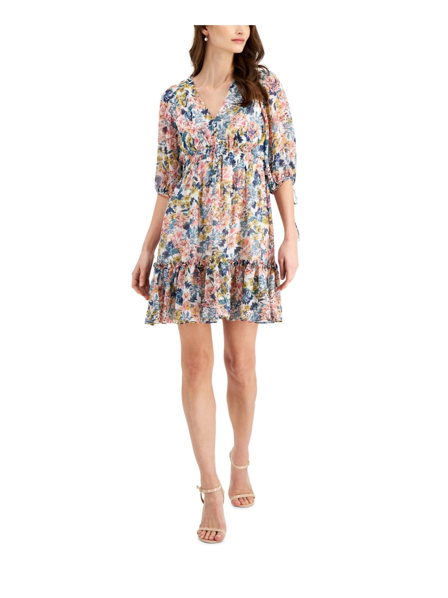 Vestido feminino Taylor com estampa floral e cintura franzida, corte A, branco, tamanho 8, pequeno