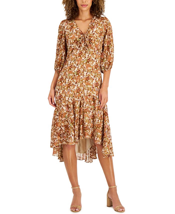 Vestido midi transparente com estampa floral Taylor feminino, marrom, tamanho 4, pequeno