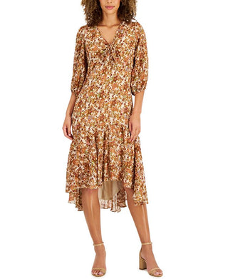 Taylor Women's Sheer Floral Print Midi Dress Brown Size 4 Petite