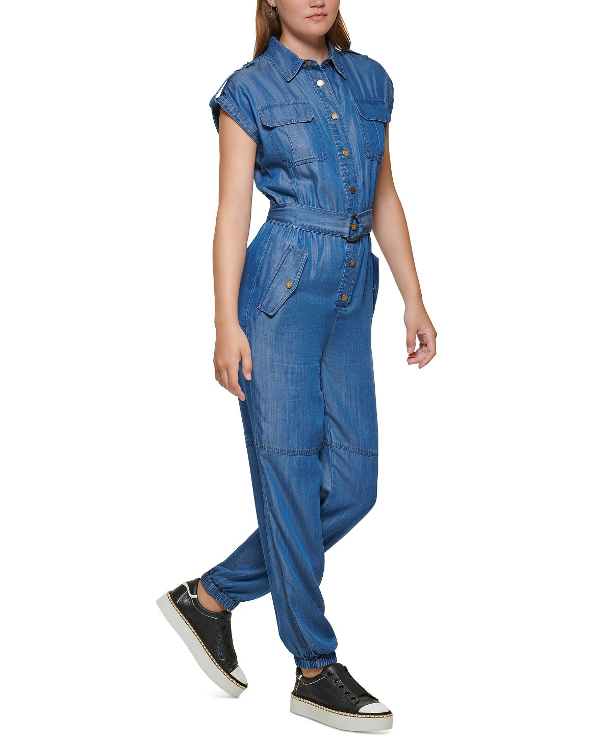 Karl Lagerfeld Paris Macacão utilitário feminino com cinto azul tamanho 8