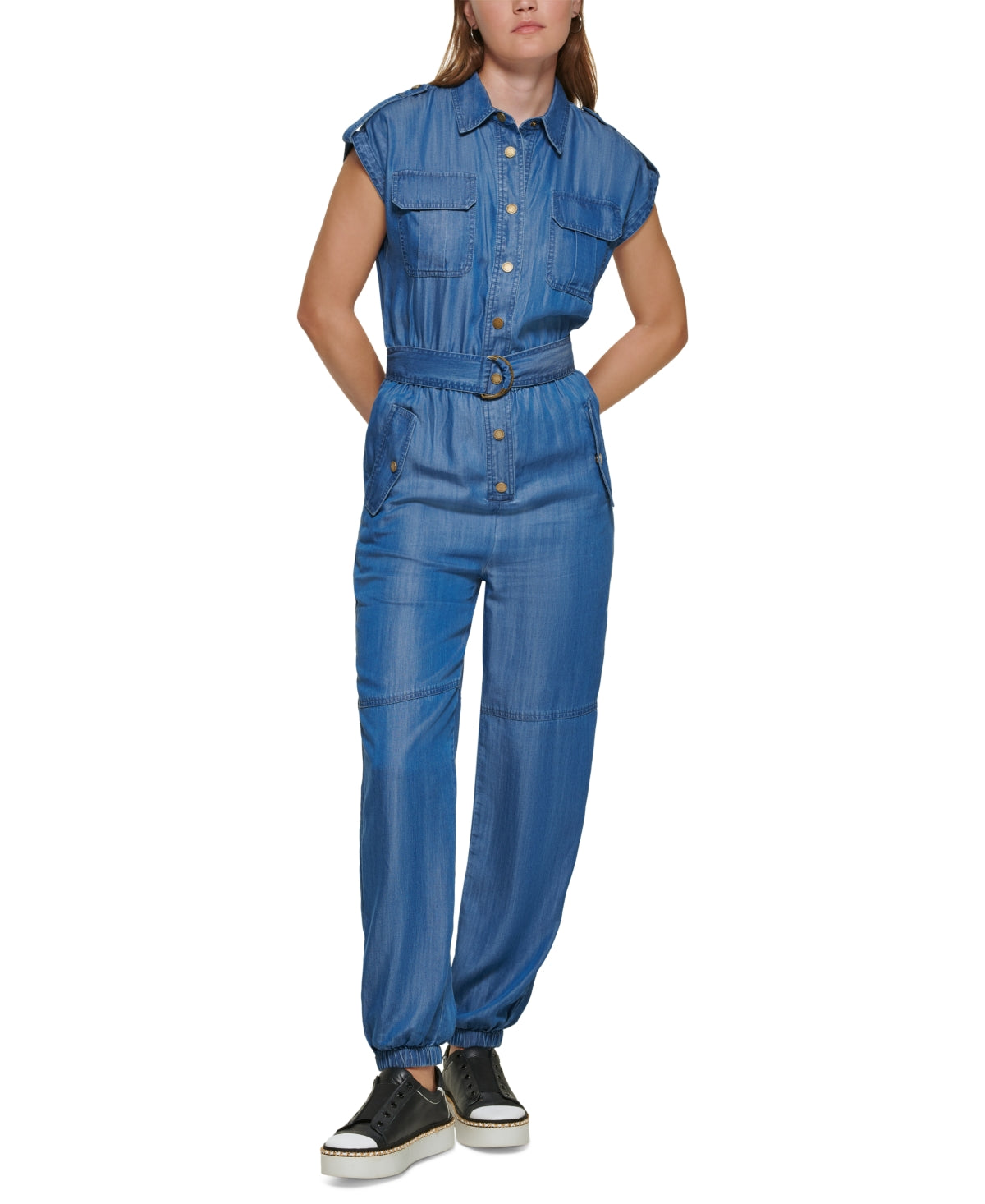 Karl Lagerfeld Paris Macacão utilitário feminino com cinto azul tamanho 8