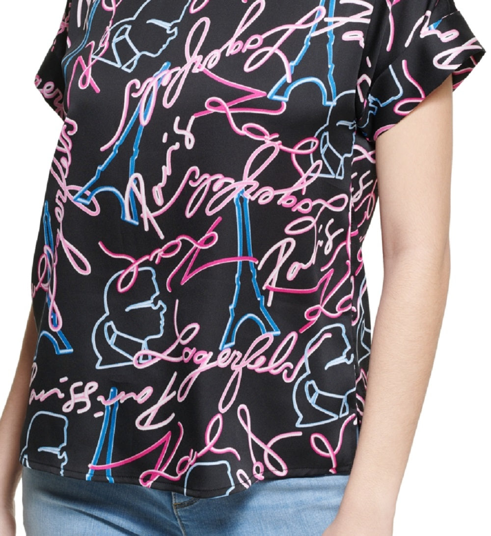 Camiseta feminina Karl Lagerfeld Paris com estampa neon, preta, tamanho XS