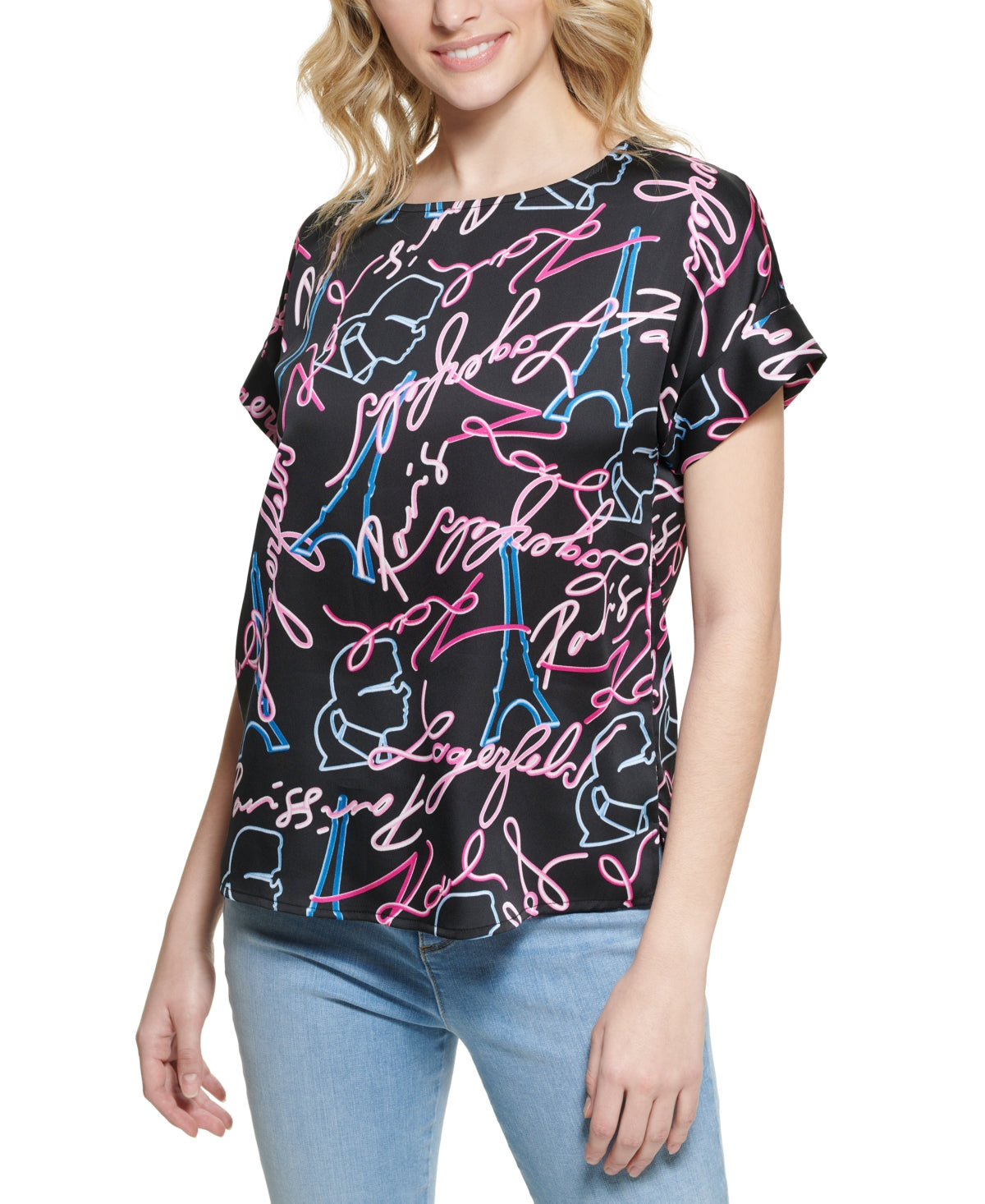 Camiseta feminina Karl Lagerfeld Paris com estampa neon, preta, tamanho XS
