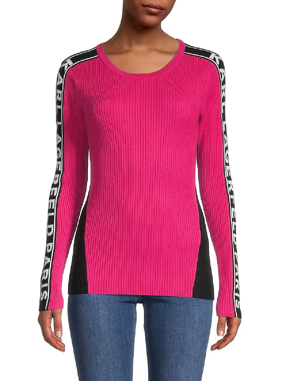 Camiseta feminina canelada Karl Lagerfeld Paris Colorblock, rosa, tamanho médio